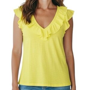 NWT WHITE HOUSE BLACK MARKET Yellow Cap Sleeve Ruffle V-Neck Top Size X-Large